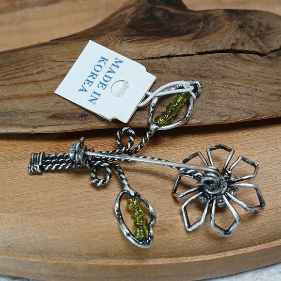 Lia Sophia Silver Tone Wire Flower Pin Brooch Pink Green Bead w/Orig Tag 90s Y2K - Picture 3 of 7